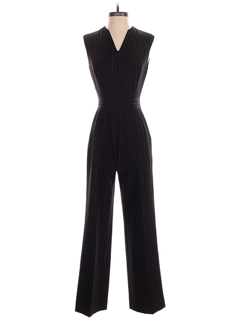 Tahari ASL Black Pinstripe V-Neck Sleeveless Jumpsuit